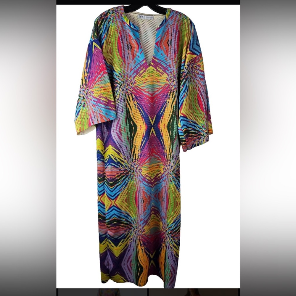 Zara Multicolor Geometric 3/4 Sleeve Dress Kaftan size small